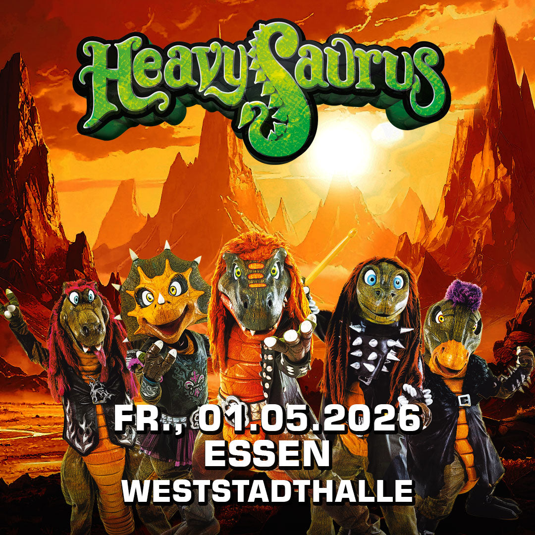 Heavysaurus Konzert in Essen, Weststadthalle, bei einem Vivenu Event, live auf der Bühne mit Musikern und Publikum.