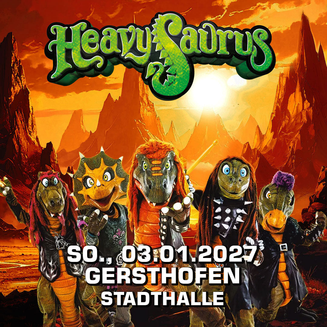 Heavysaurus Konzert in Gersthofen, Stadthalle, bei einem Vivenu Event, Live-Aufnahme vom Heavysaurus Shop.