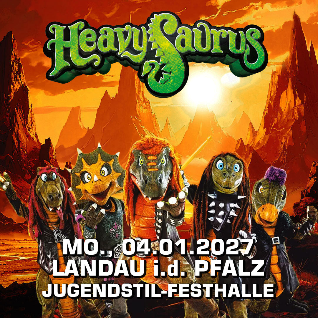 Heavysaurus Konzert in Landau i.d.Pfalz, Jugendstilfesthalle, Live-Aufnahme bei einem Vivenu Event, Band auf der Bühne.