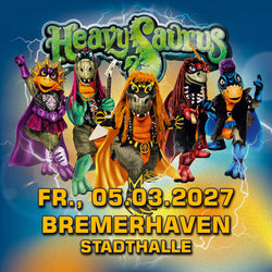 Heavysaurus Konzert in Bremerhaven, Stadthalle, bei einem Vivenu Event, mit Fans und Bühnenauftritt im Hintergrund.