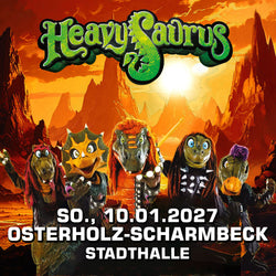 Heavysaurus Konzert in Osterholz-Scharmbeck, Stadthalle, Veranstaltungsplakat, Live-Musik, Heavy Metal, Heavysaurus Shop