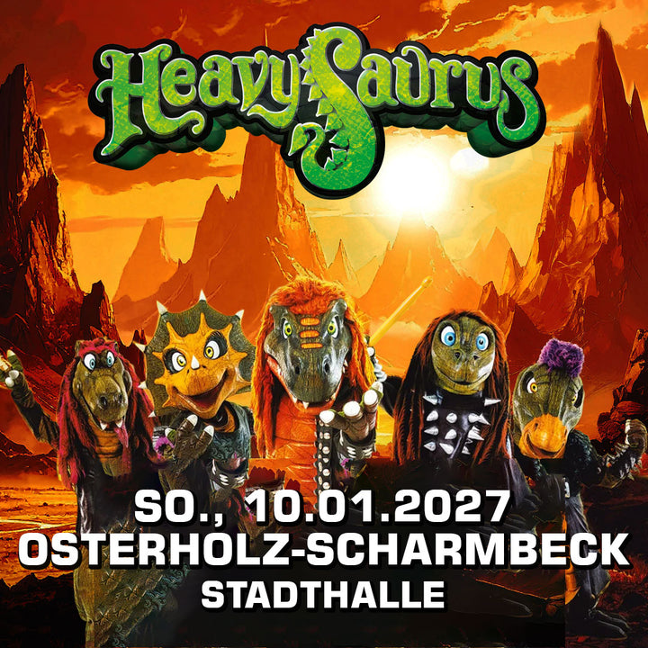 Heavysaurus Konzert in Osterholz-Scharmbeck, Stadthalle, Veranstaltungsplakat, Live-Musik, Heavy Metal, Heavysaurus Shop