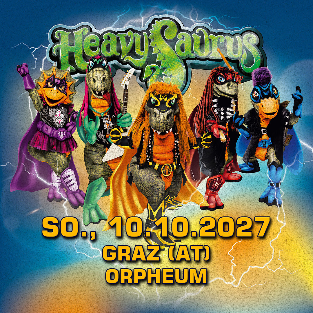 Heavysaurus Konzert in Graz, Österreich, im Orpheum, live auf der Bühne bei einem Heavy-Metal-Event.