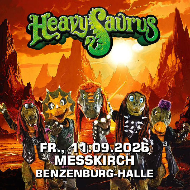 Heavysaurus Konzert in Meßkirch, Benzenburg-Halle, bei einem Vivenu Event, mit Fans und Bühne im Hintergrund.