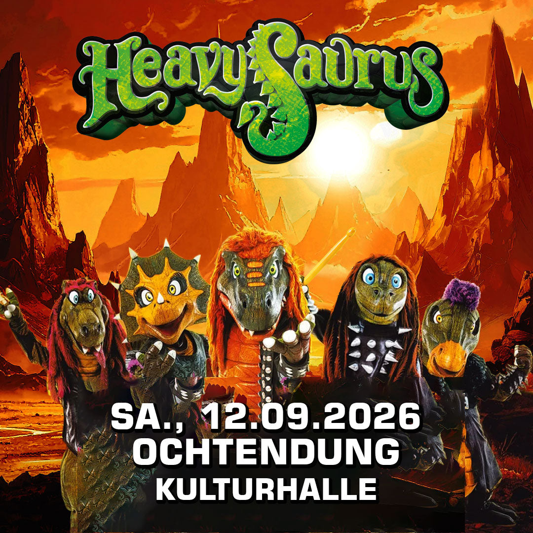 Heavysaurus Konzert in Ochtendung, Veranstaltung im Vivenu Event, Band auf der Bühne mit begeistertem Publikum.