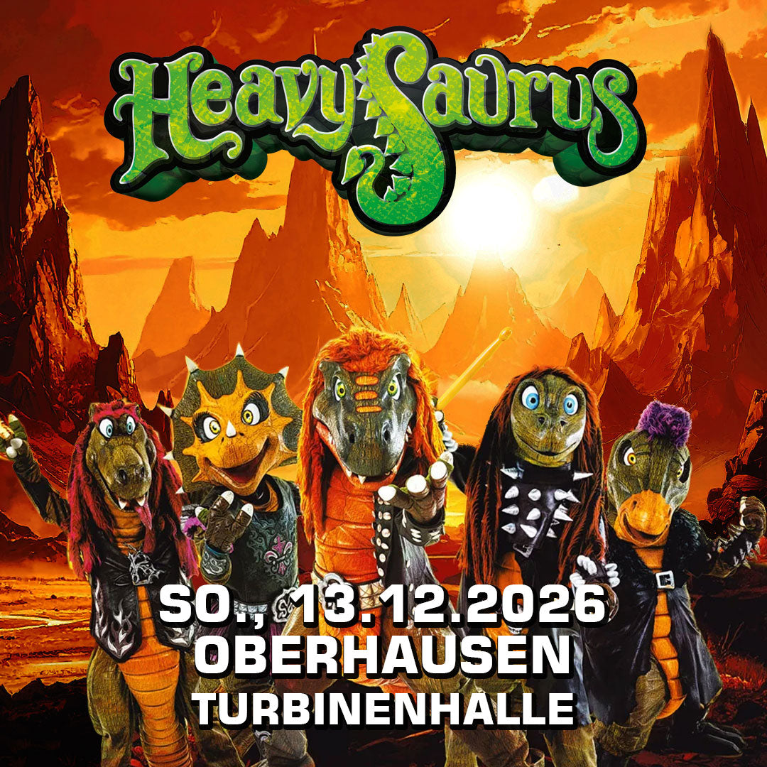 Heavysaurus Konzert in der Turbinenhalle Oberhausen, lebendige Szene mit Fans und Band auf der Bühne.