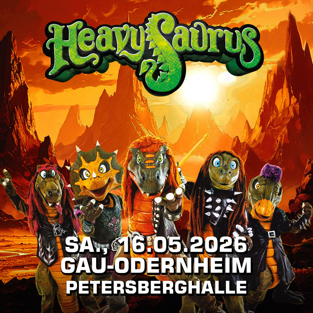 Heavysaurus Konzert in Gau-Odernheim, Petersberghalle, am 16. Mai 2026, Event vom Heavysaurus Shop, Livemusik und Publikum.