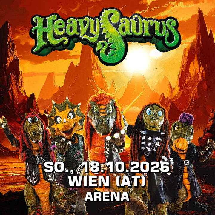Heavysaurus Konzert in Wien, Arena, live auf der Bühne, Fans im Publikum, ab 17:30 Uhr, bei einem Heavysaurus Shop Event