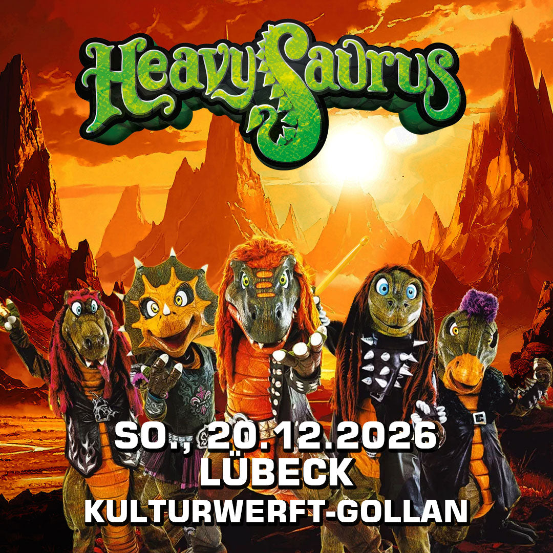 Heavysaurus Konzert in Lübeck, Kulturwerft-Gollan, bei einem Vivenu Event, mit bunten Lichteffekten und begeistertem Publikum.