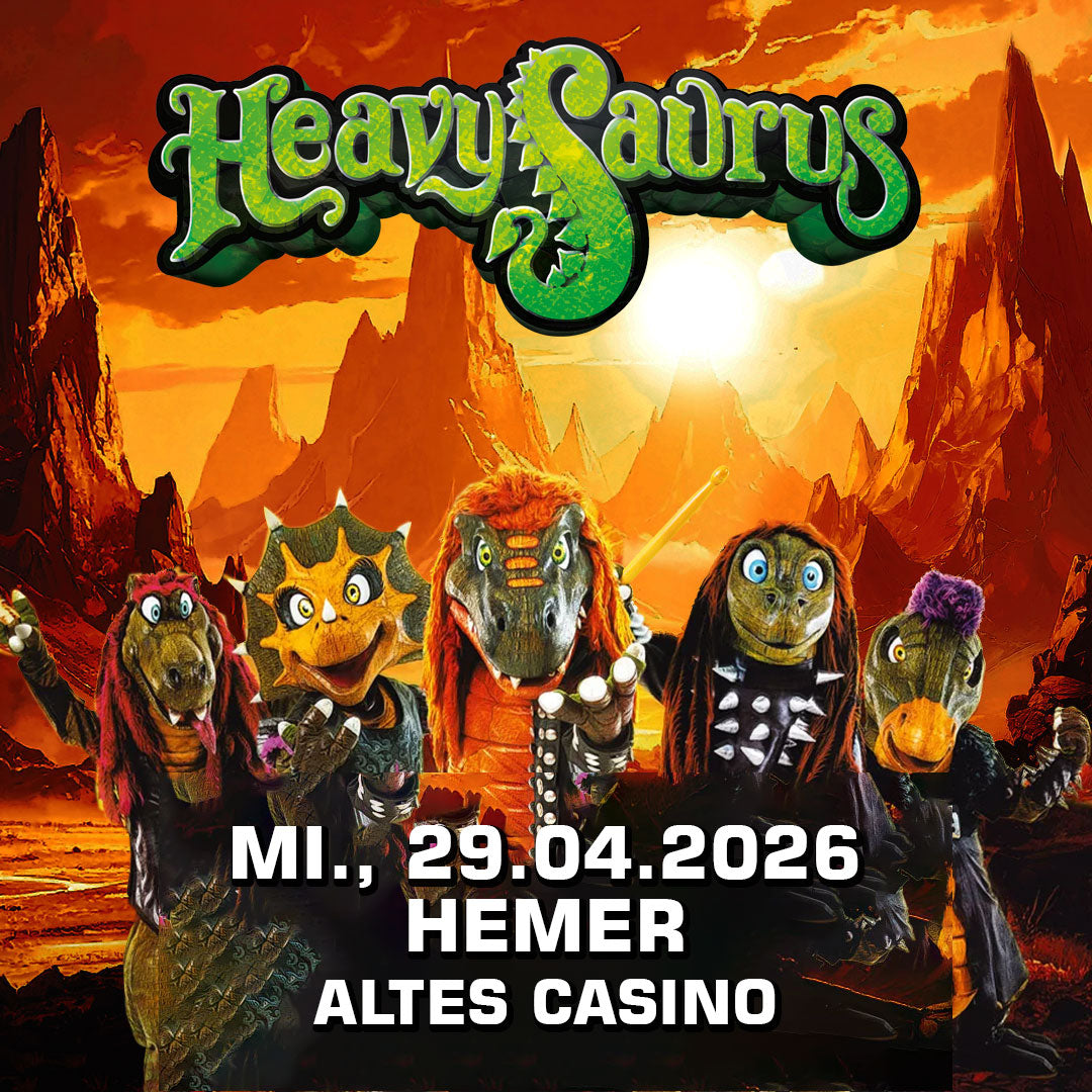Heavysaurus Konzert in Hemer am 29.04.26 im alten Casino, Veranstaltungsfoto vom Heavysaurus Shop.