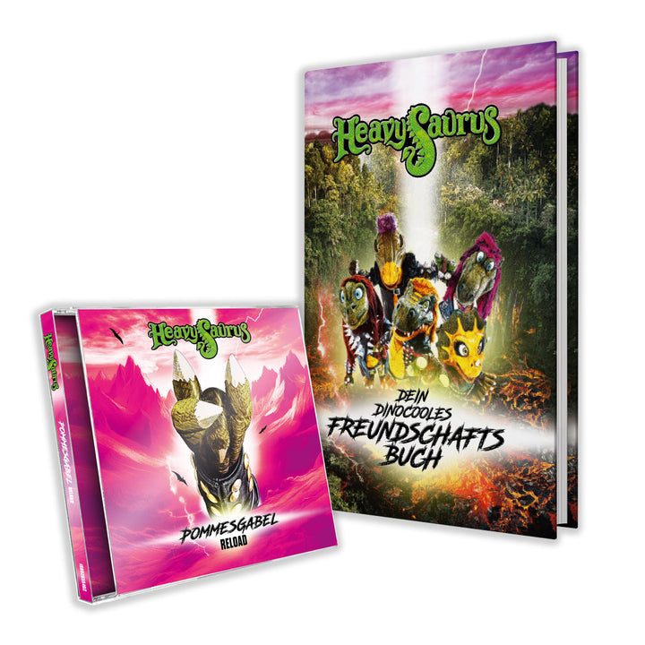 Pommesgabel Reload CD und Freundebuch-Set von Heavysaurus Shop, bunt und detailreich, ideal für Musik- und Freundschaftsfan.