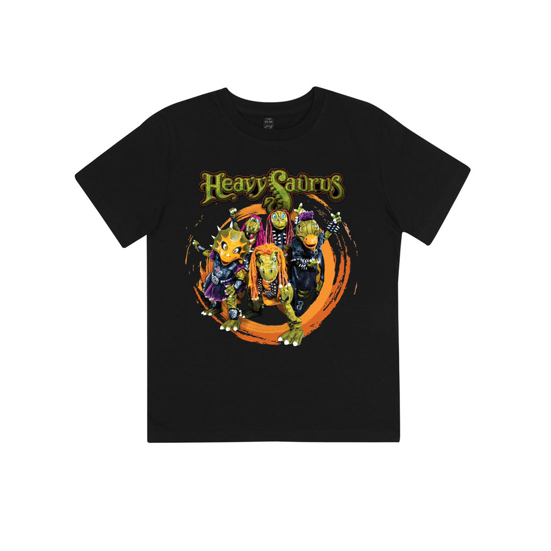 Schwarzes Kinder T-Shirt Rock'n'Rarrr von Heavysaurus Shop mit Rockmusik-Design, bequem und stilvoll für kleine Fans