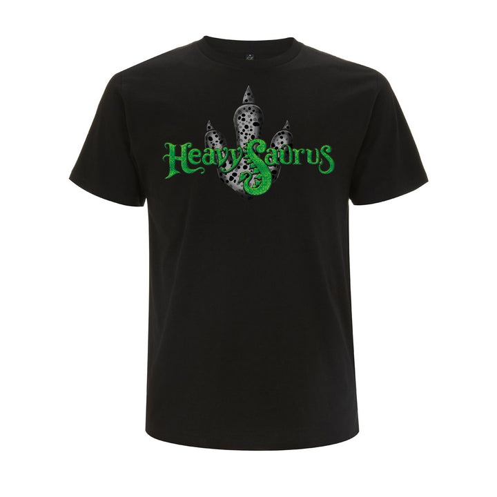 Schwarzes T-Shirt für Erwachsene mit Dinosaurier-Logo von Heavysaurus Shop, bequeme Passform, Dinosaurier-Design auf der Vorderseite