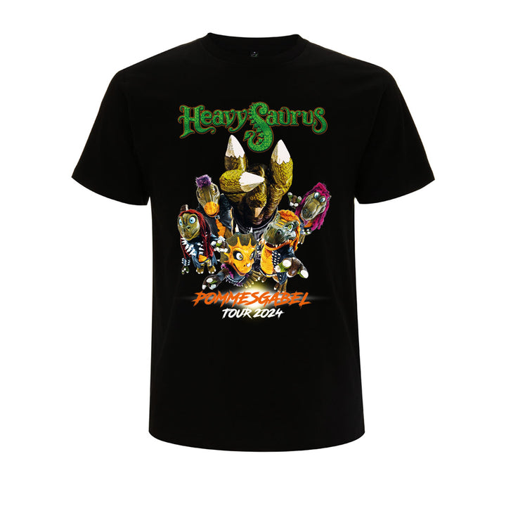 Pommesgabel Tour T-Shirt 2024 für Erwachsene, schwarzes Heavysaurus Shirt mit Logo, auf der Vorderseite sichtbar.