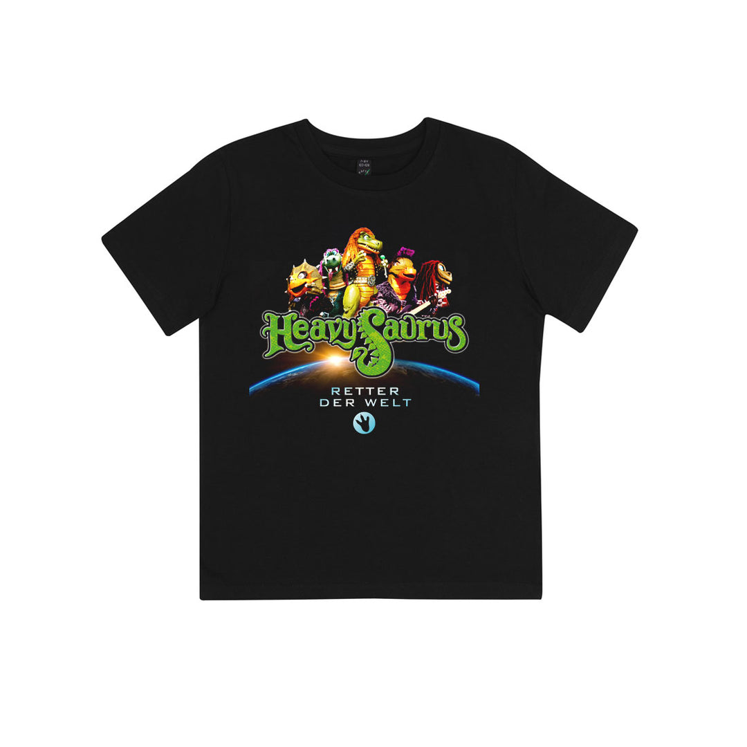 Buntes Kinder-T-Shirt "Retter der Welt" von Heavysaurus Shop mit lebhaften Dinosaurier-Illustrationen, weiches Baumwollmaterial