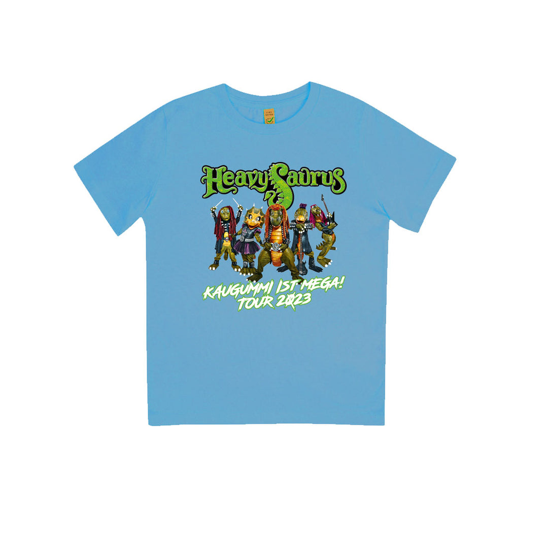 Kinder-T-Shirt Tour 2023 Kids Aqua von Heavysaurus Shop, hellblaues T-Shirt mit Tour-Design für Kinder, bequem und bunt