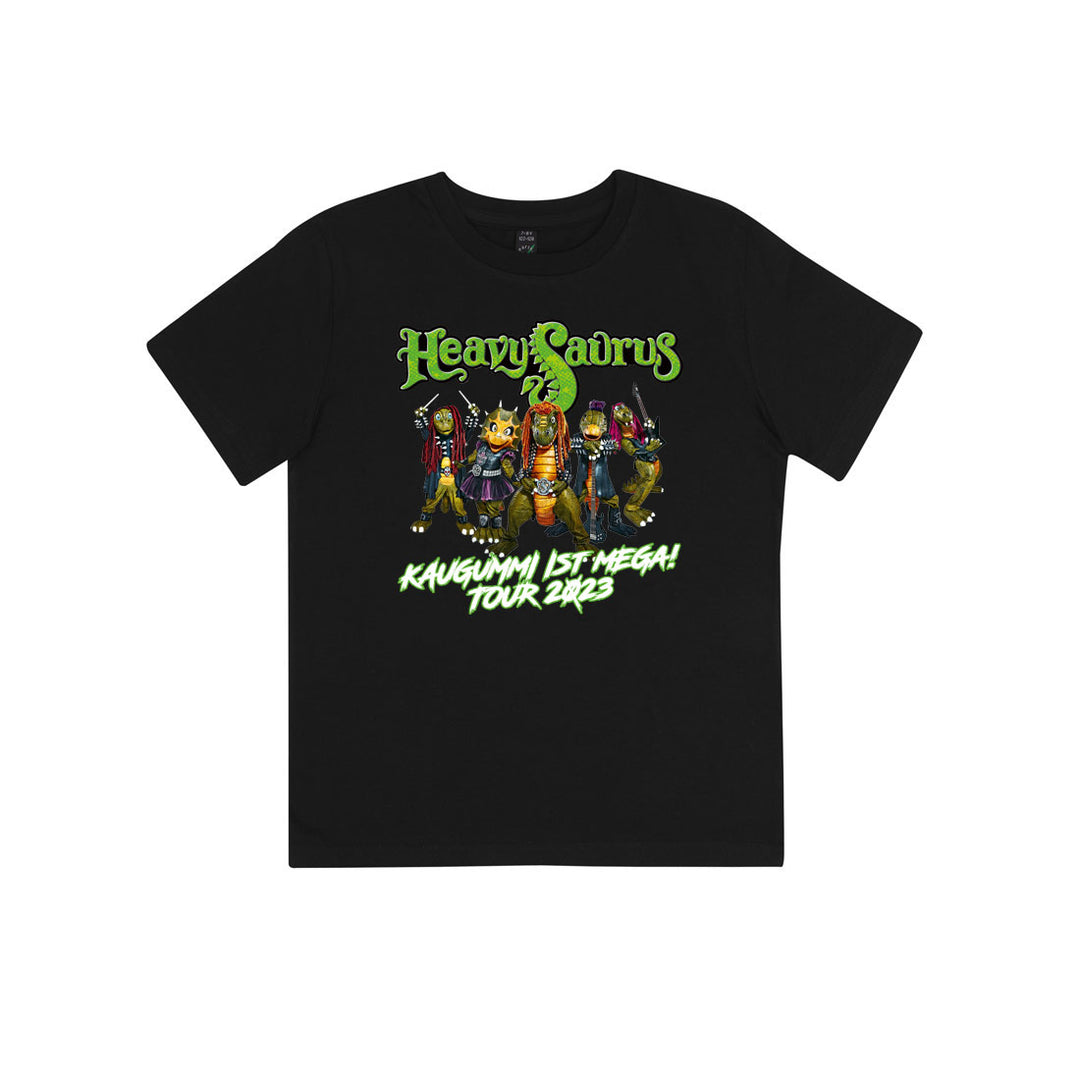 Schwarzes Kinder T-Shirt Tour 2023 von Heavysaurus Shop, weiches Baumwollmaterial, mit Tour-Logo bedruckt