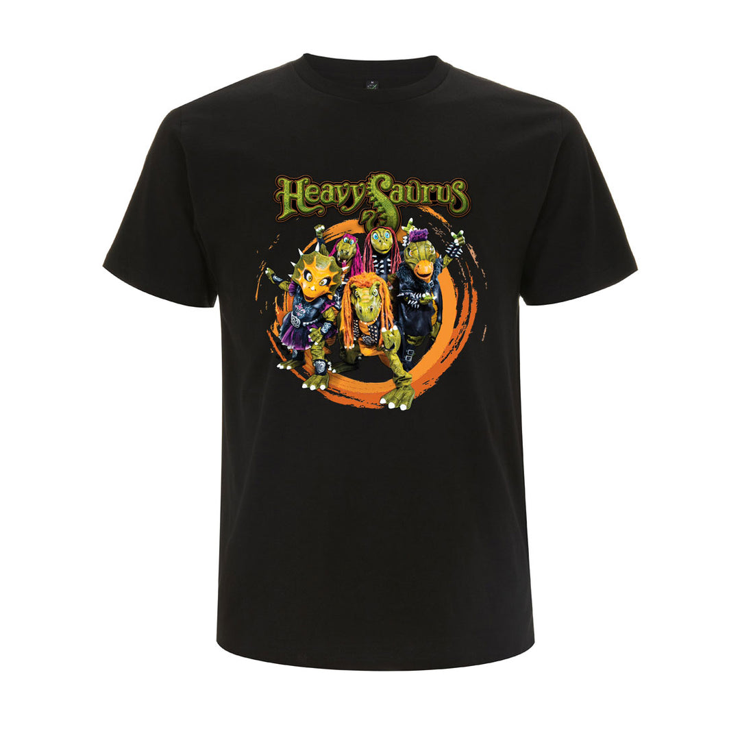 Schwarzes Rock'n'Rarrr T-Shirt für Erwachsene von Heavysaurus Shop, mit Rock- und Dinosaurier-Design auf der Vorderseite