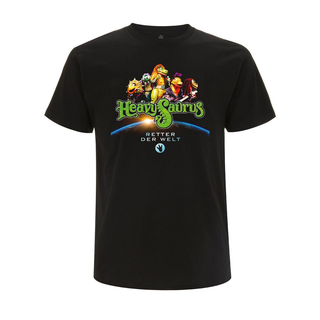 Dunkelgraues Heavysaurus T-Shirt für Erwachsene mit Retter der Welt Druck, aus weicher Baumwolle, frontale Ansicht.