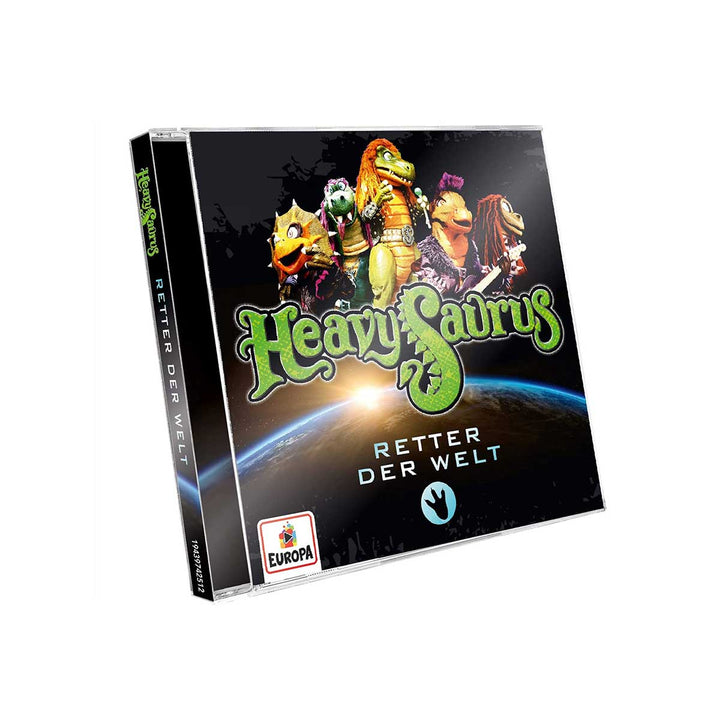 Heavysaurus Shop CD "Retter der Welt" in Jewel-Box, mit farbigem Cover und sichtbarem CD-Design.