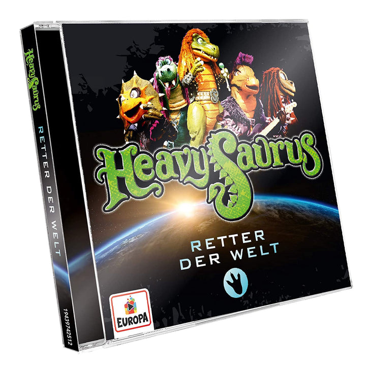 CD "Retter der Welt" in einer Jewel-Box, Heavysaurus Shop, mit sichtbarem Coverkunst und CD-Design.